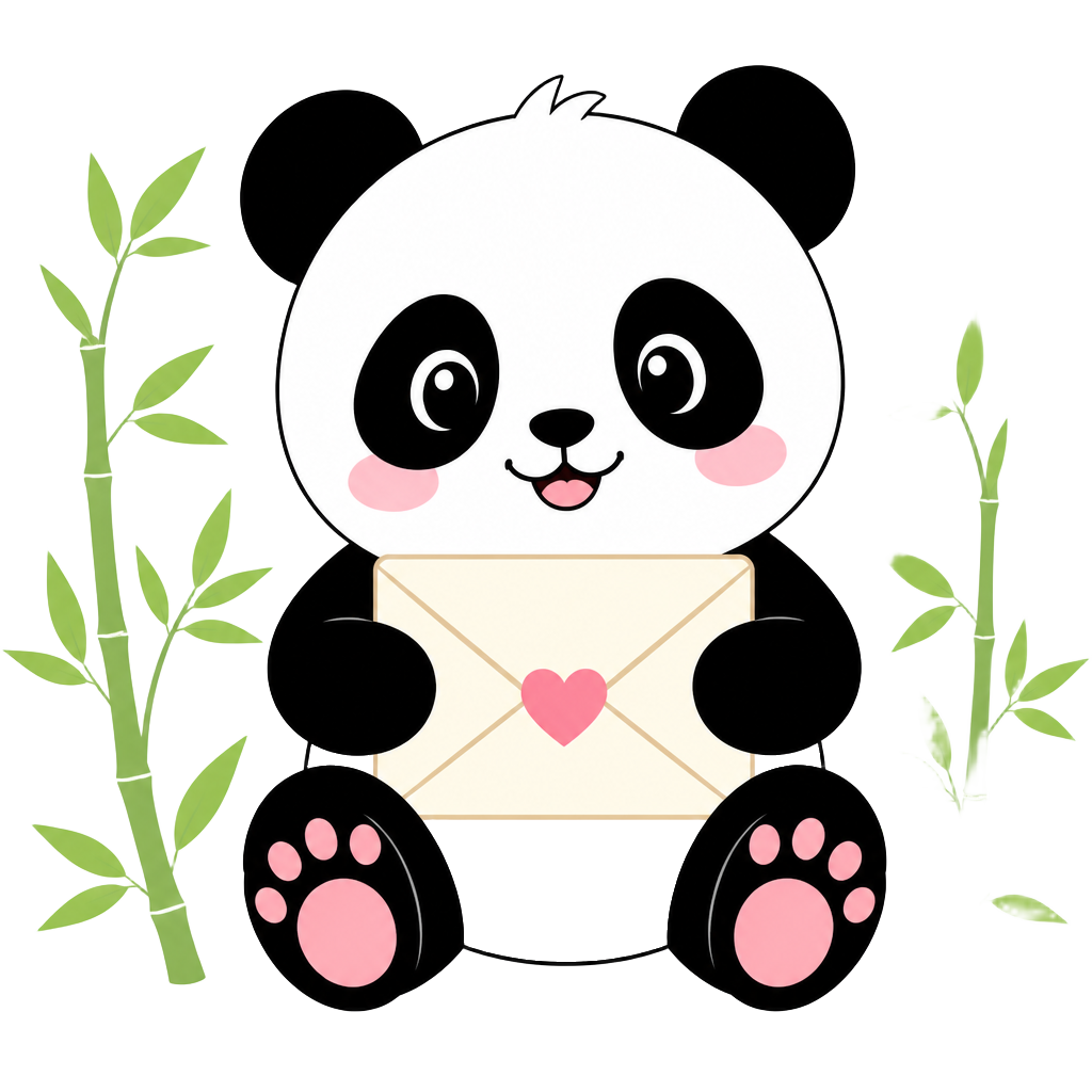 Cute cartoon baby panda holding a sealed invitation among bamboo stalks